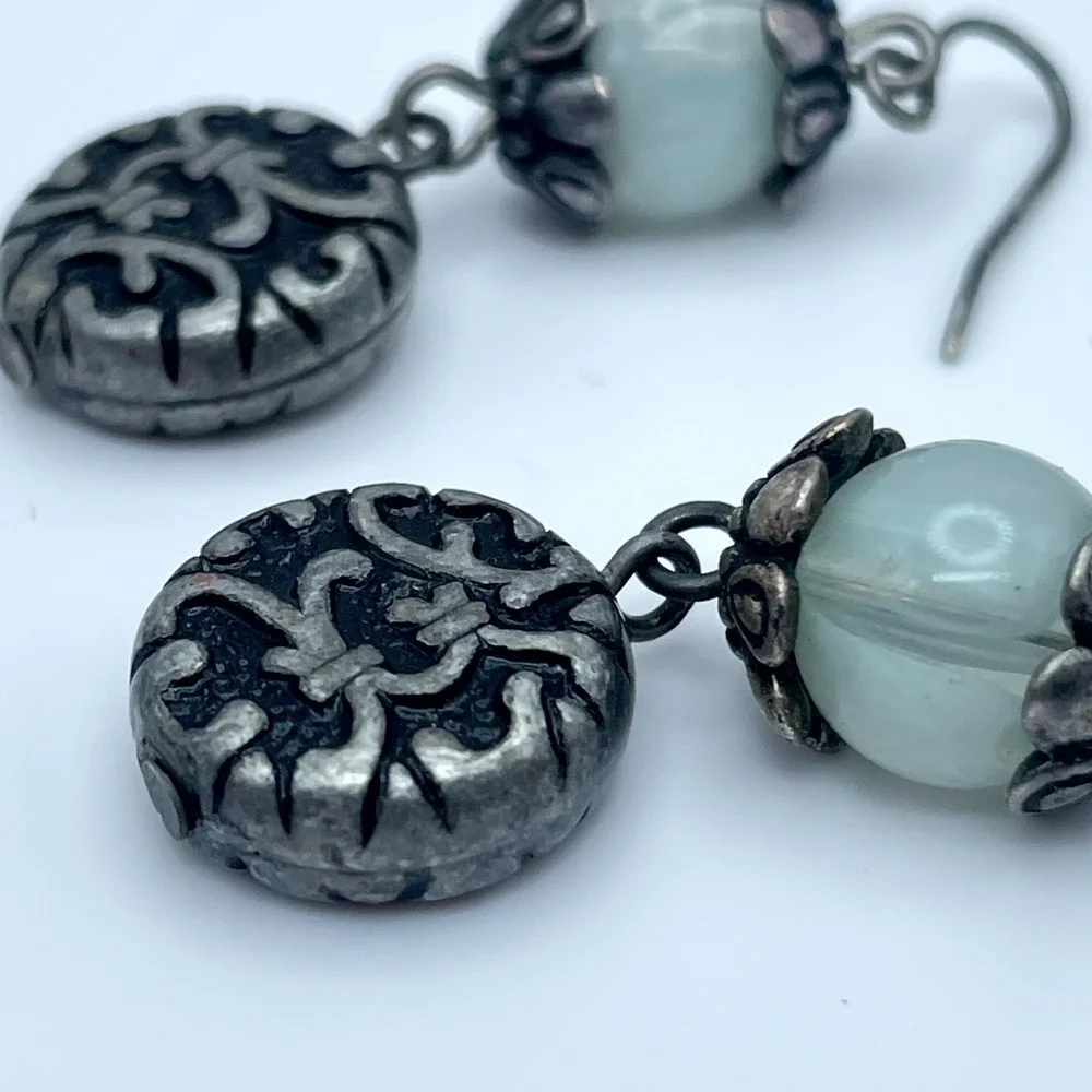 Articulated Silver-Tone Oxidized Metal Cool Waters Glass Beads Dangle Earrings